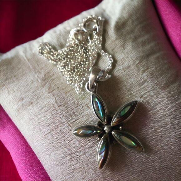Abalone Star Sterling Necklace 925 Silver Pendant Daisy Flower 18" Beach Coastal - Picture 15 of 16